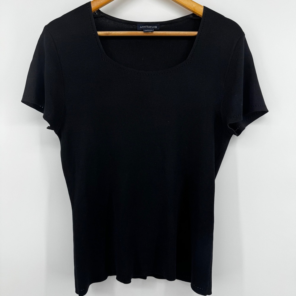 Ann Taylor 100% Silk Knit Short Sleeve Top Black L Sweater Closet Staple Luxury - Picture 2 of 9